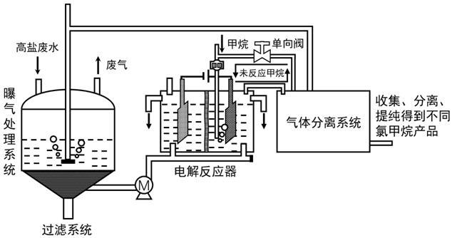 一种利用高盐废水电解催化甲烷生成氯代甲烷的系统和方法