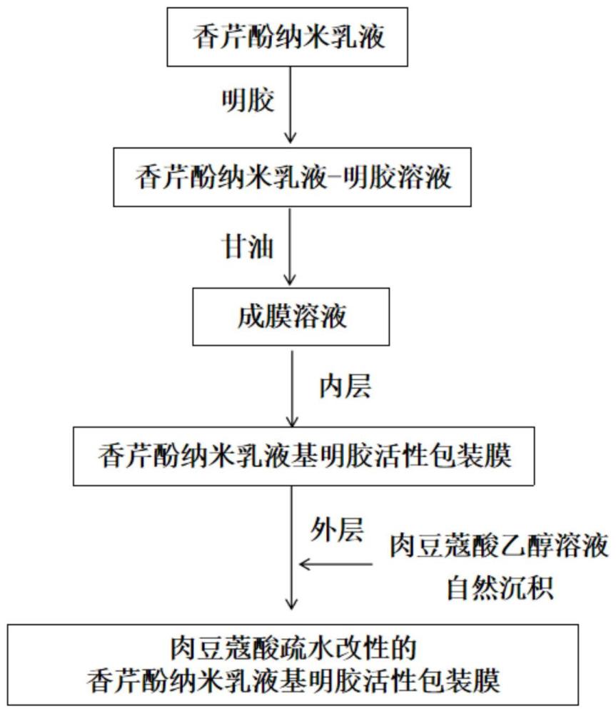 肉豆蔻酸疏水改性的香芹酚纳米乳液基明胶活性包装膜及其制备方法和应用